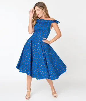 1950s Style Blue & Red Floral Jessica Swing Dress