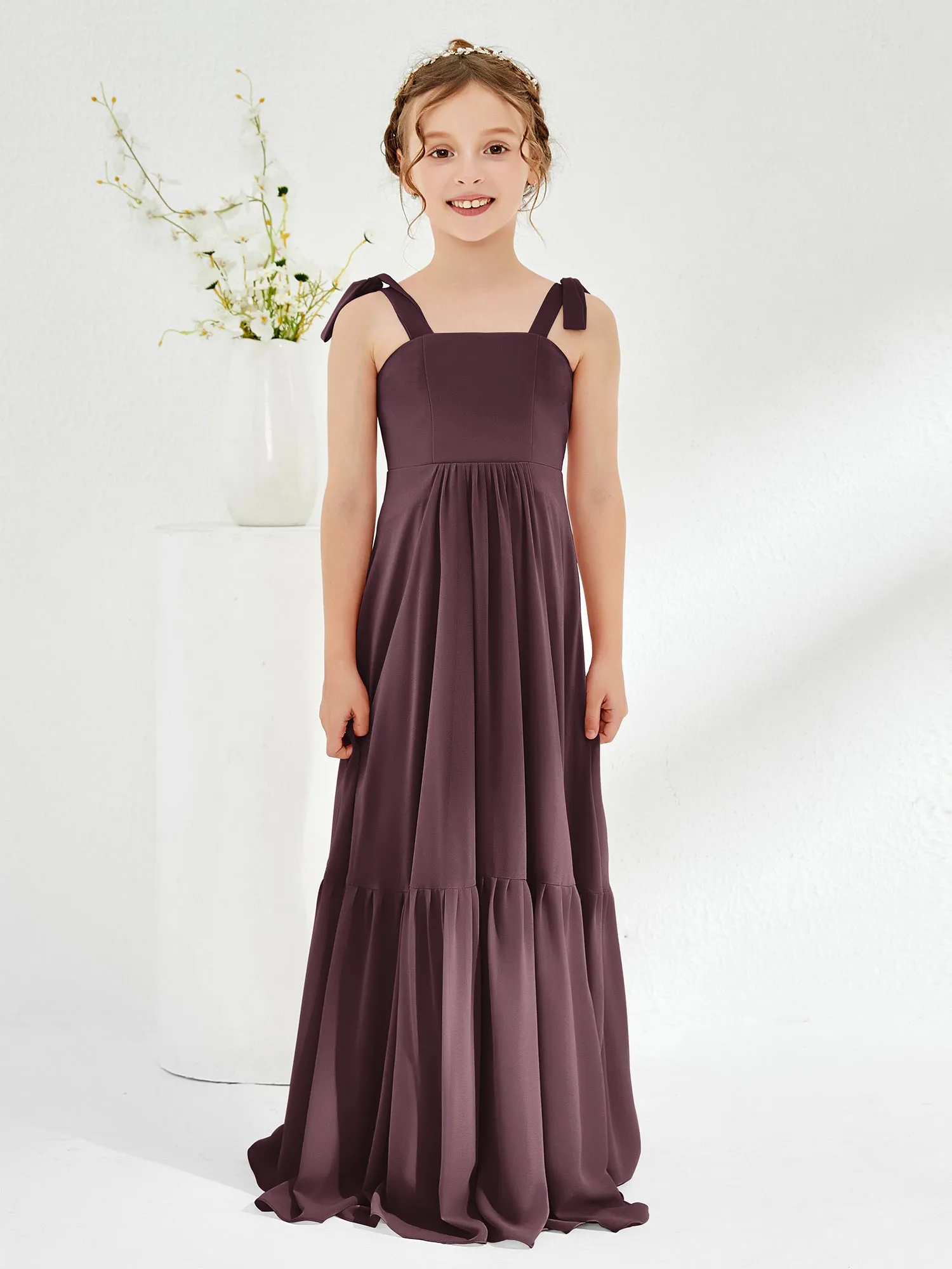 A-Line Bow Ruffle Junior Bridesmaid Dresses Cabernet