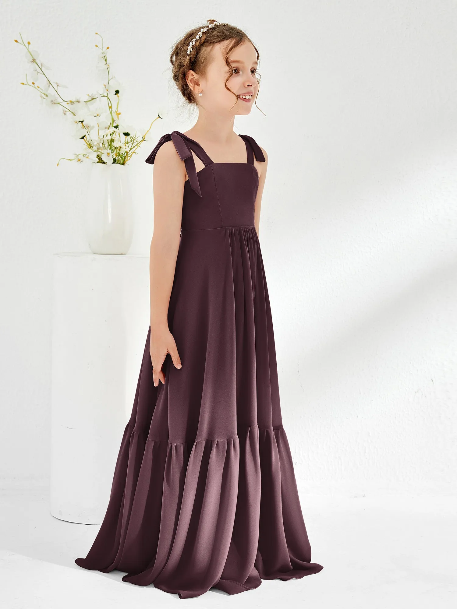 A-Line Bow Ruffle Junior Bridesmaid Dresses Cabernet