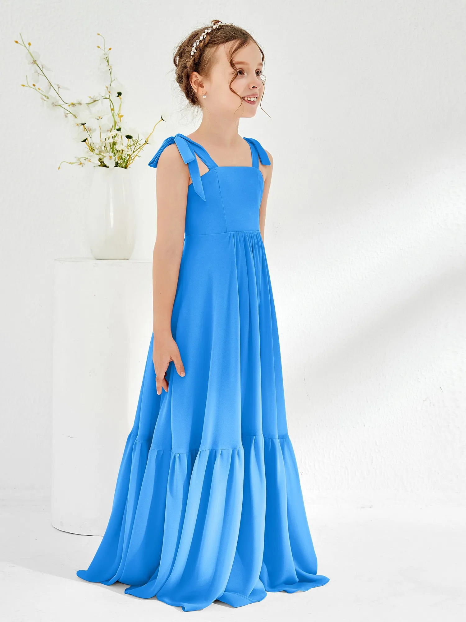 A-Line Bow Ruffle Junior Bridesmaid Dresses Ocean Blue