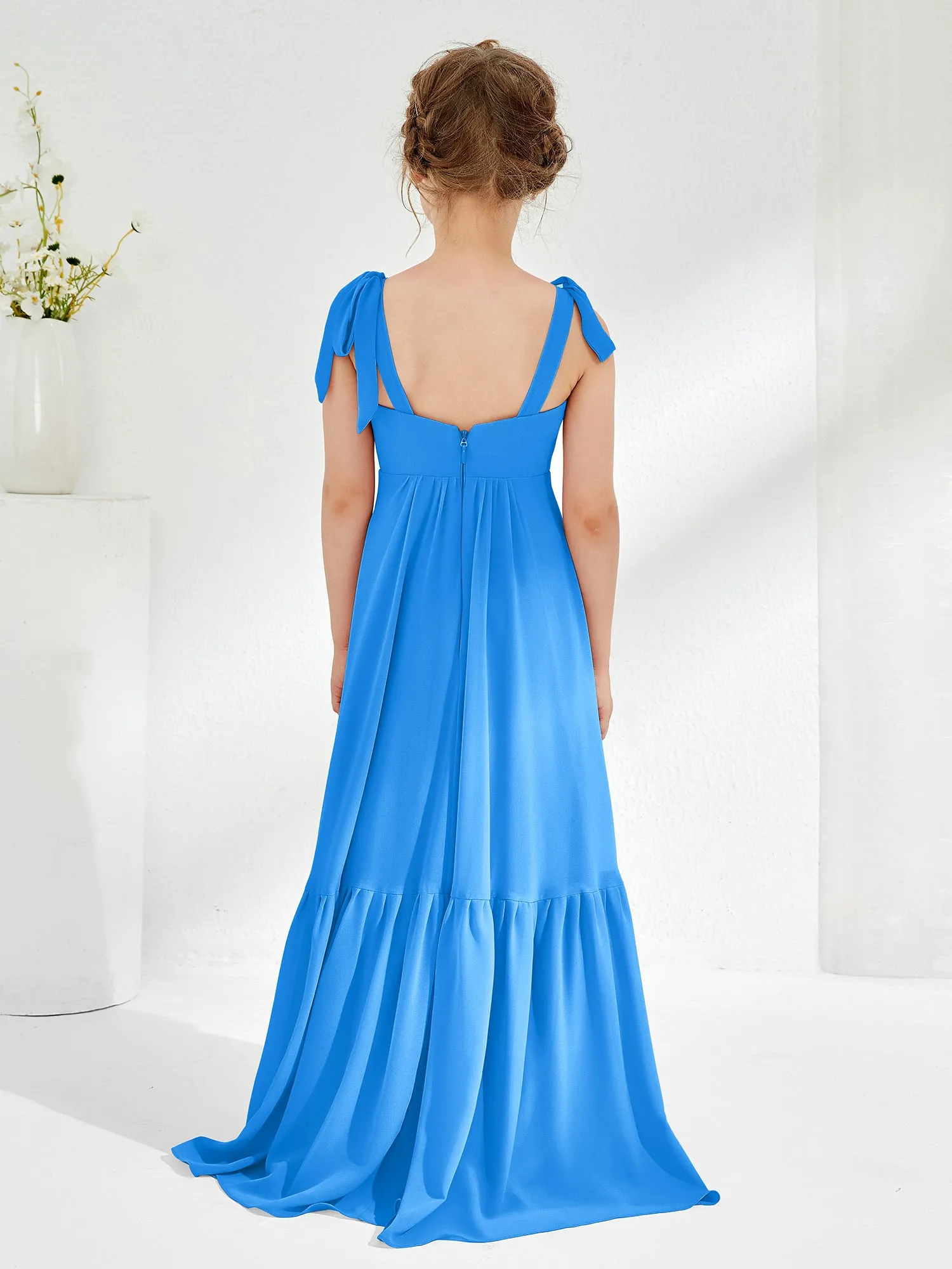 A-Line Bow Ruffle Junior Bridesmaid Dresses Ocean Blue