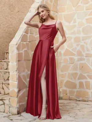 A Line Cowl Neck Satin Dress With Slit Burgundy Plus Size