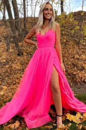 A Line V Neck Hot Pink Prom Dresses With Slit