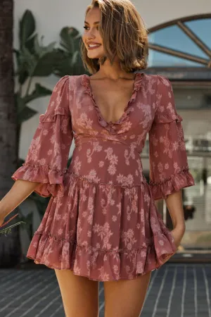 Albany Lace Up Back Frill Dress Flower Print Rose