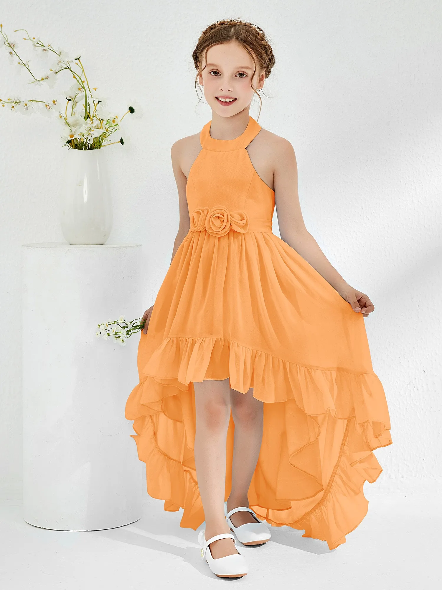 Asymmetrical A-line Junior Bridesmaid Dresses with Flower Orange