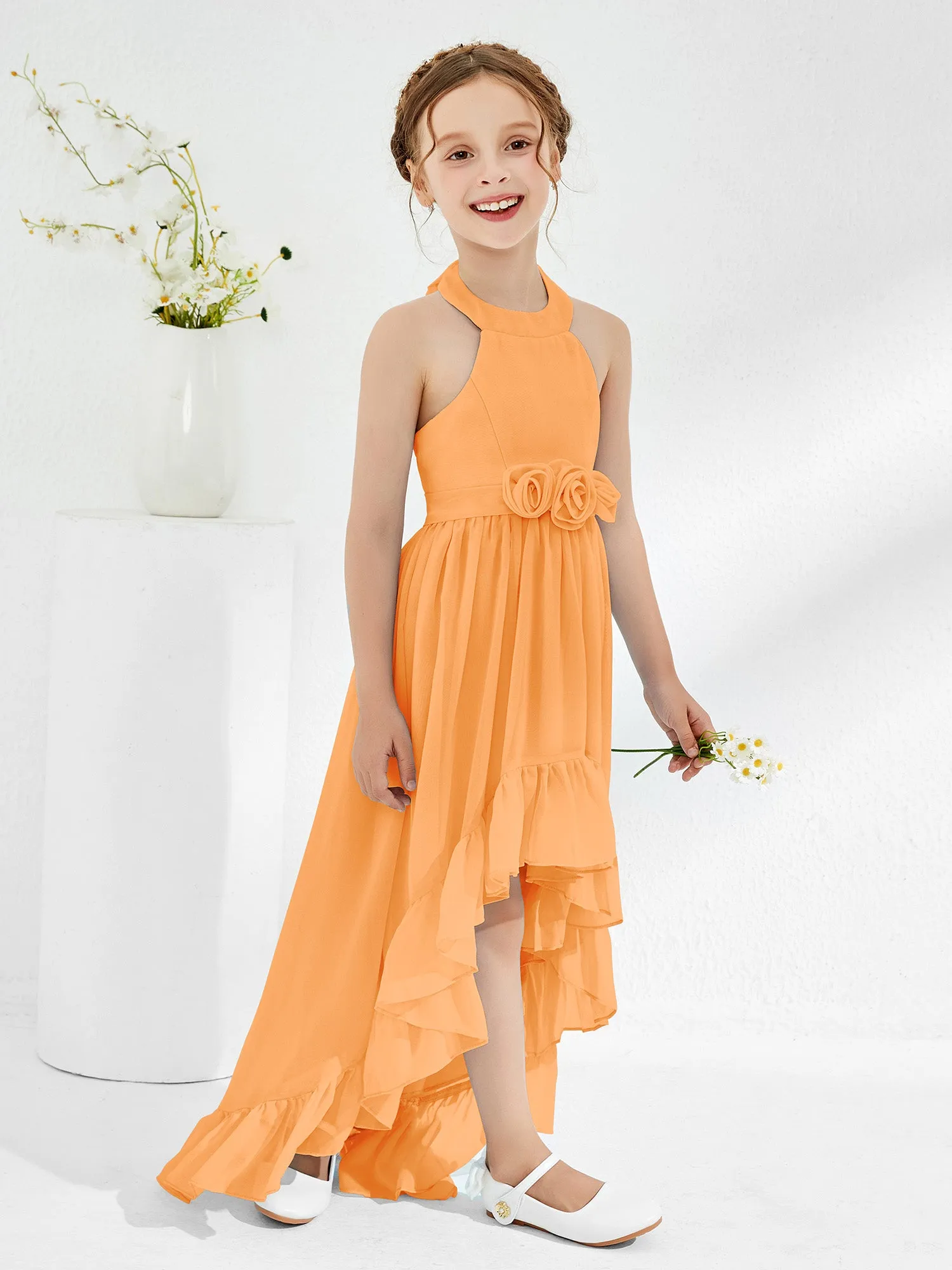 Asymmetrical A-line Junior Bridesmaid Dresses with Flower Orange