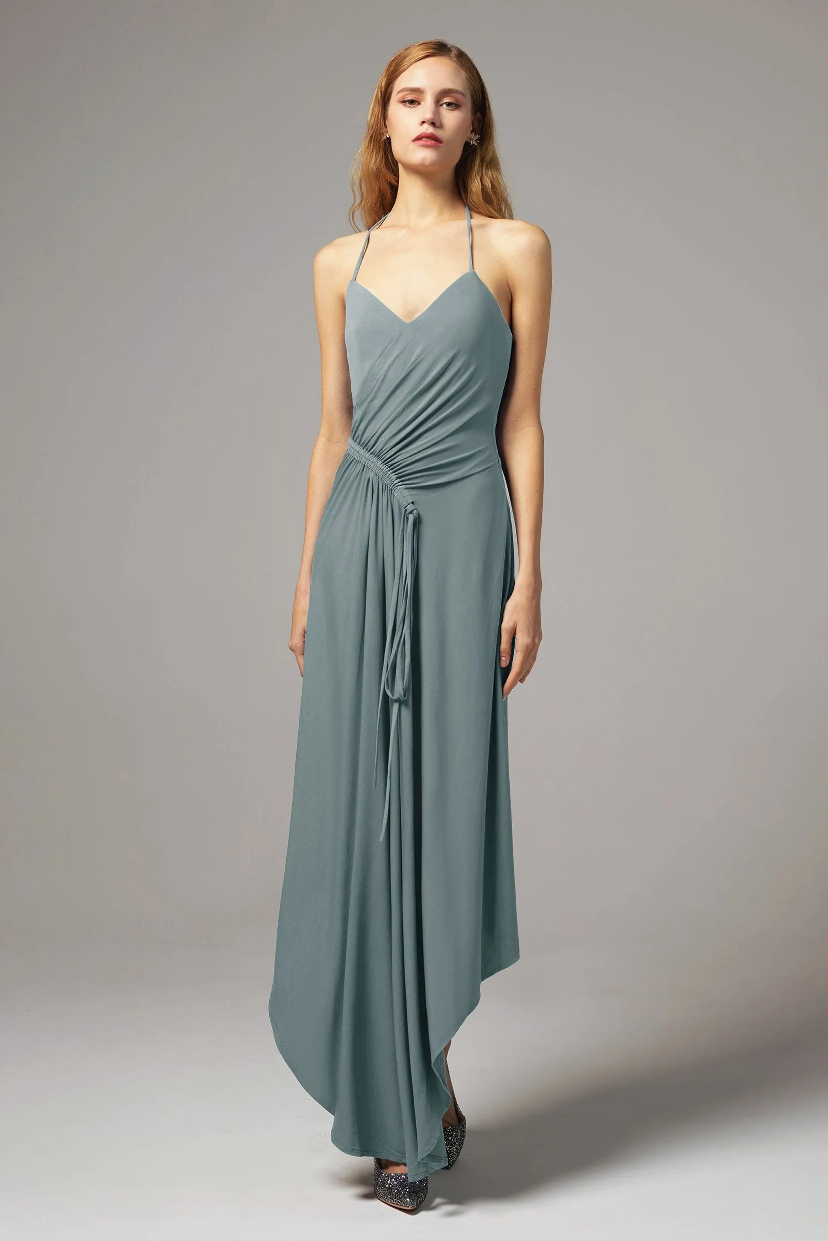 Asymmetrical High-Low Knitted Fabric Bridesmaid Dress CB0424