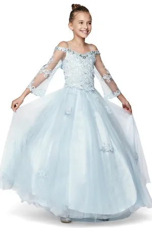 Big Girls Blue Off Shoulder Long Sleeve Rhinestone Pageant Dress 8-16