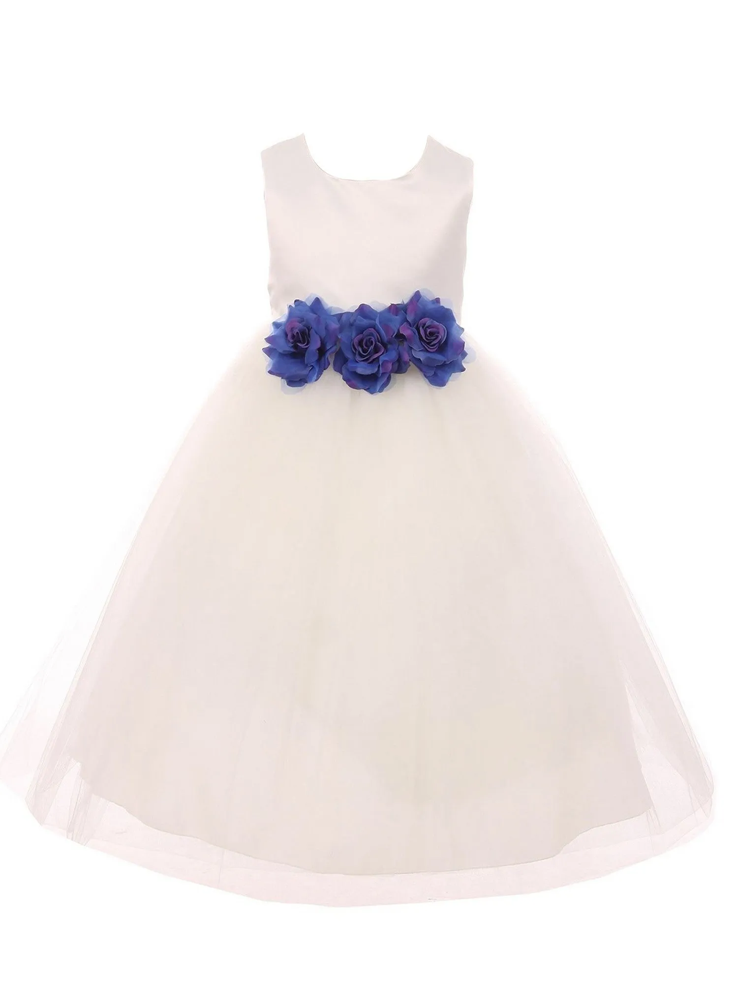 Big Girls Ivory Royal Blue Floral Satin Junior Bridesmaid Dress 8-14