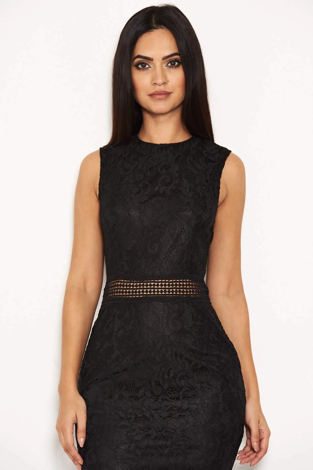 Black Fishtail Hem Lace Midi Dress