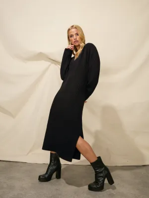 Black Knit V-neck Midi Dress