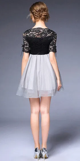 Black Lace Dress with grey shirred skirt