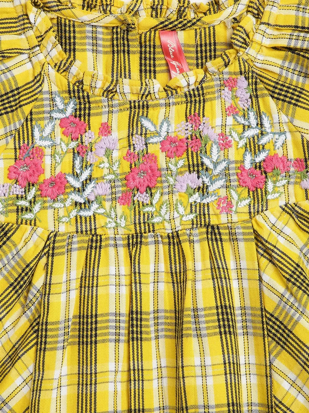 Blue Giraffe Girls Yellow Checked Round Neck Short Sleeves A-Line Dress