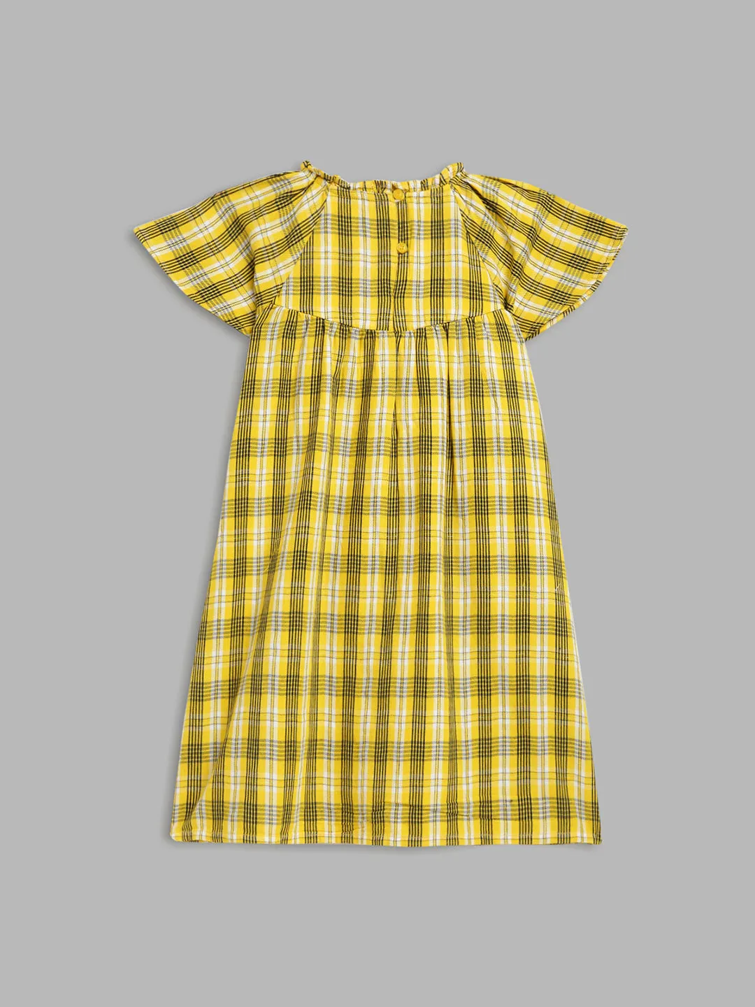 Blue Giraffe Girls Yellow Checked Round Neck Short Sleeves A-Line Dress