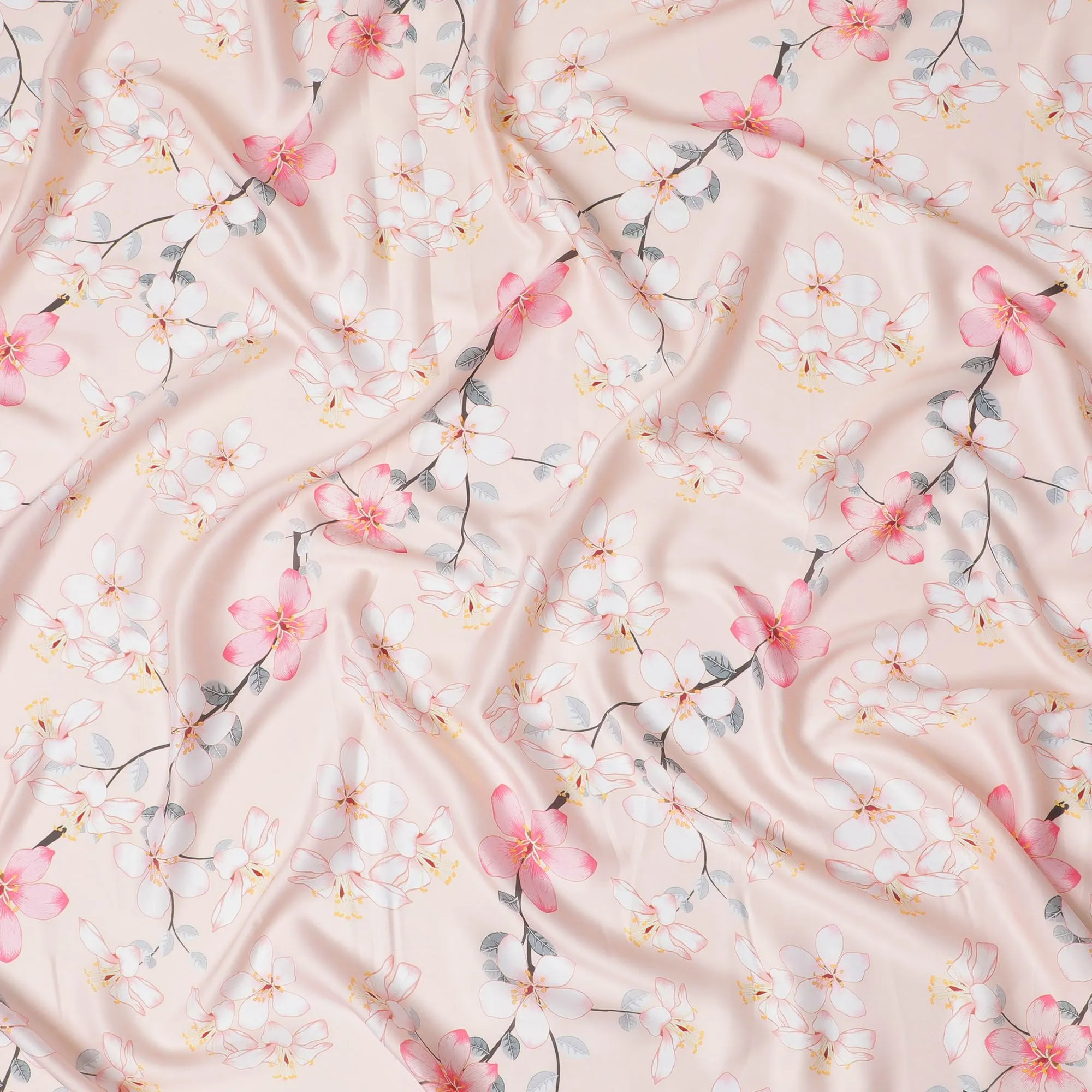 Blush Cherry Blossom Synthetic Modal Satin Fabric - Delicate Print, 110cm - Buy Online-D17975