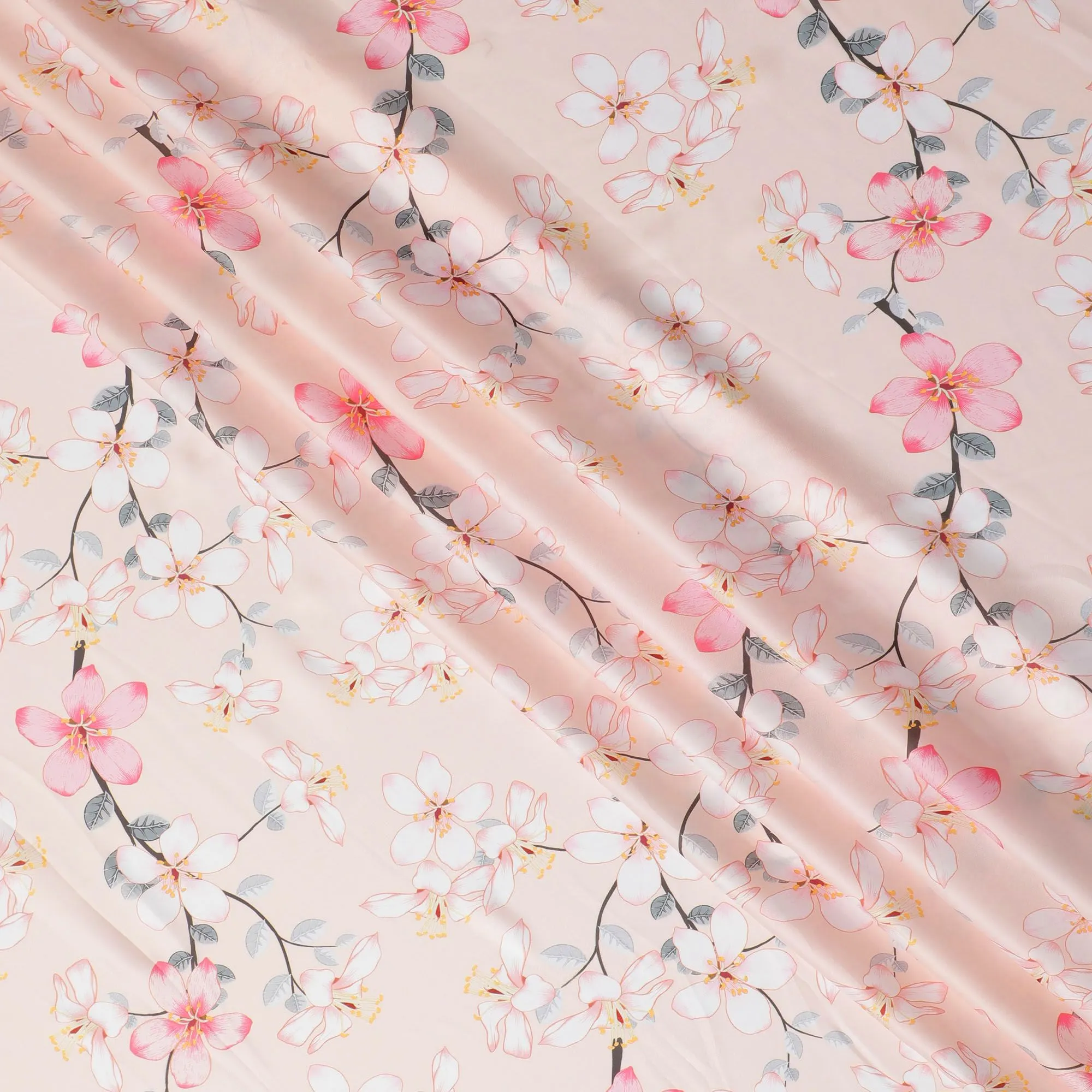 Blush Cherry Blossom Synthetic Modal Satin Fabric - Delicate Print, 110cm - Buy Online-D17975