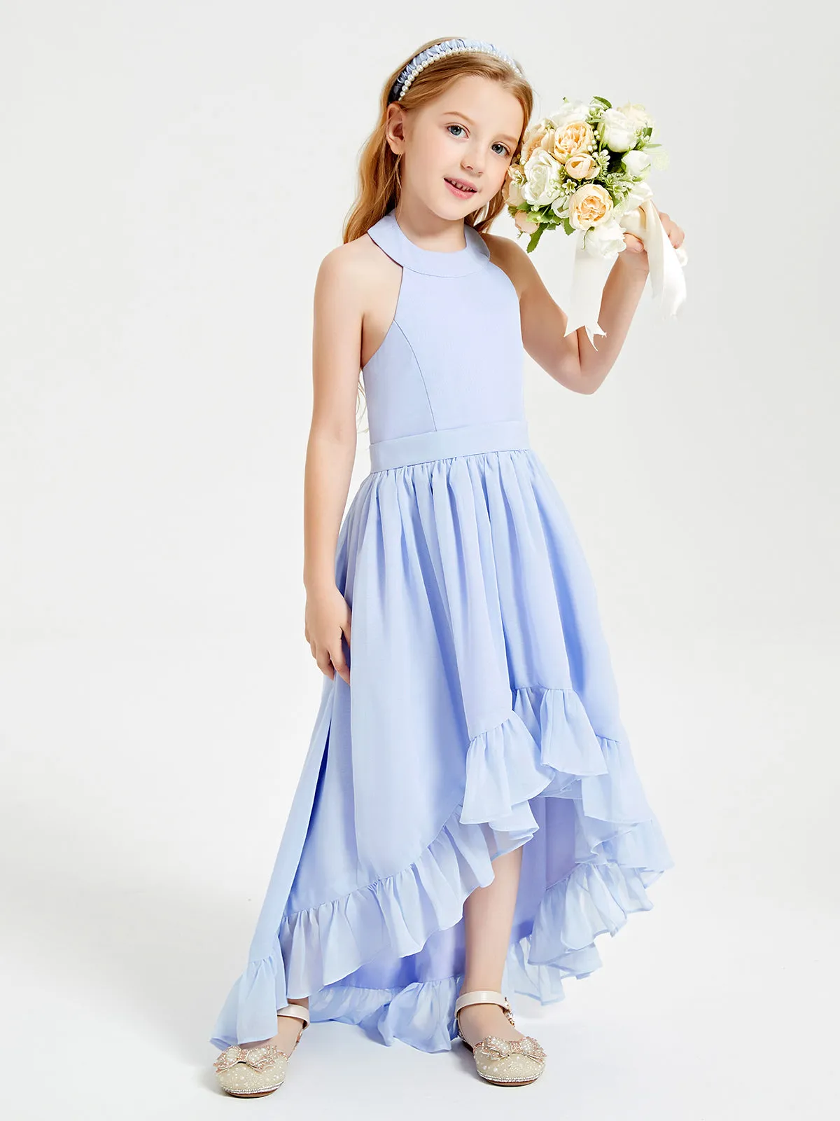 Boho Junior Bridesmaid Dresses Asymmetrical Cascading Skirt Lavender