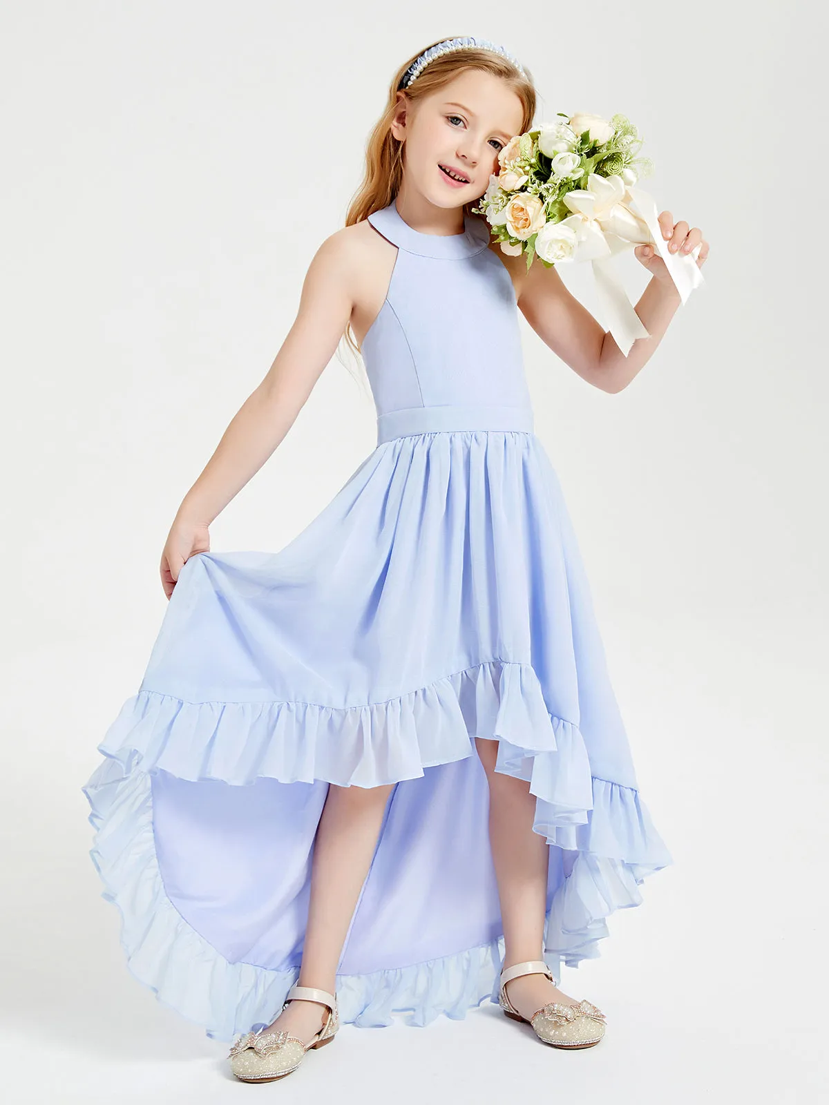 Boho Junior Bridesmaid Dresses Asymmetrical Cascading Skirt Lavender