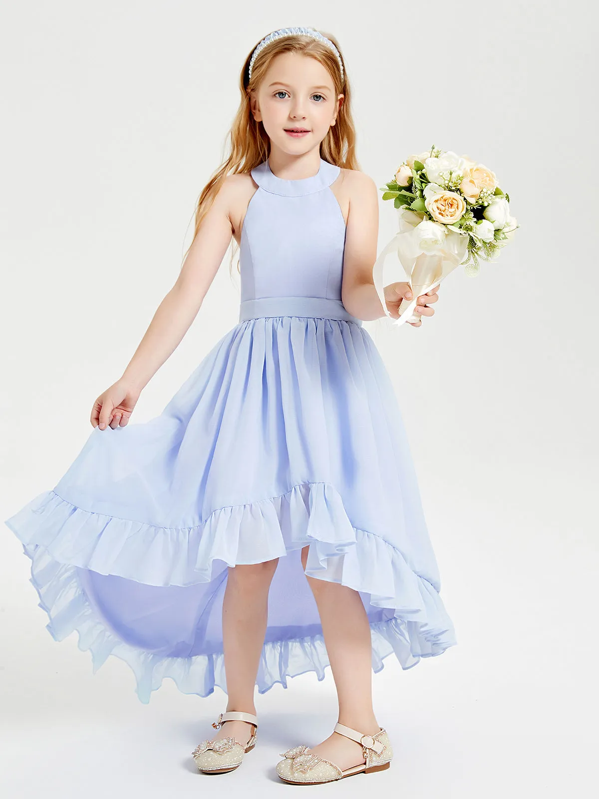 Boho Junior Bridesmaid Dresses Asymmetrical Cascading Skirt Lavender