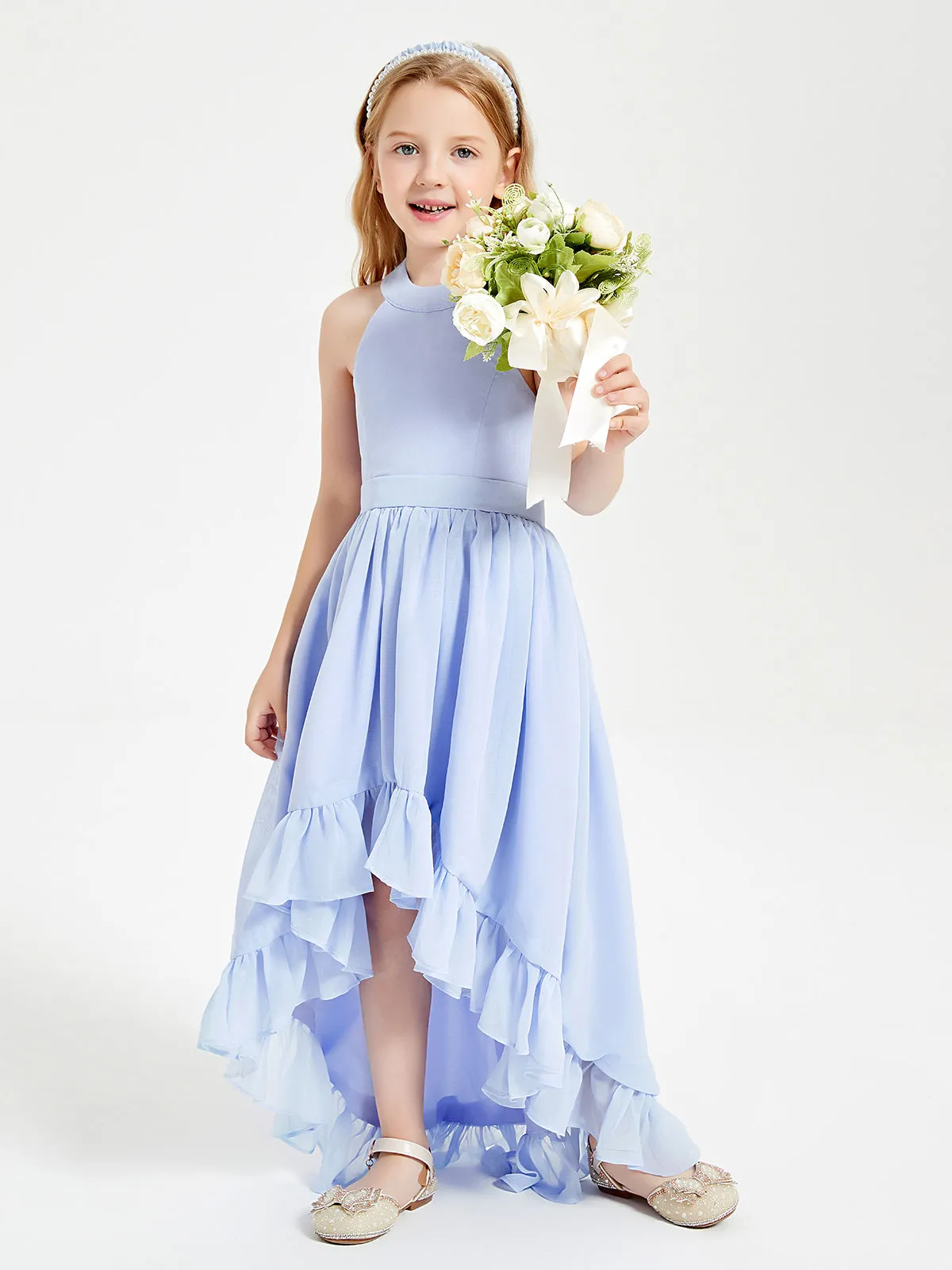 Boho Junior Bridesmaid Dresses Asymmetrical Cascading Skirt Lavender