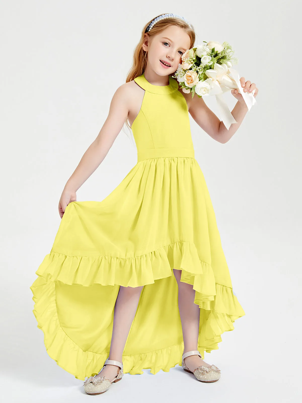 Boho Junior Bridesmaid Dresses Asymmetrical Cascading Skirt Lemon