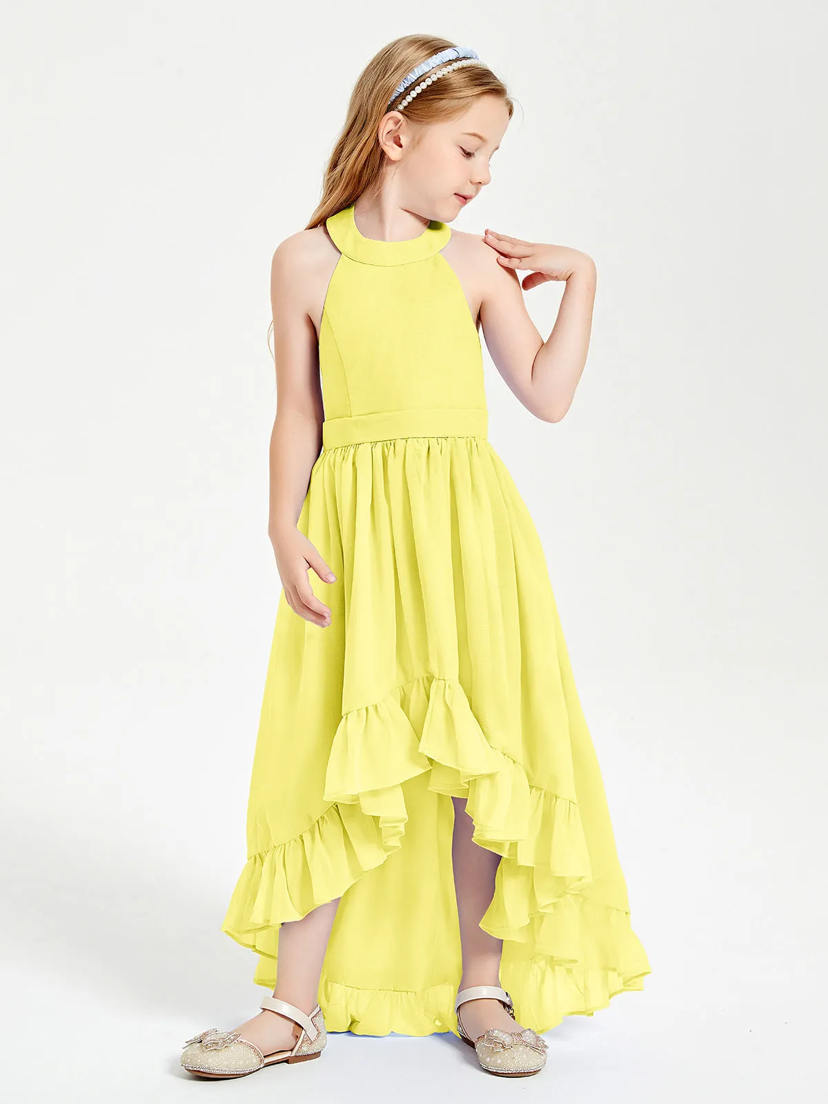 Boho Junior Bridesmaid Dresses Asymmetrical Cascading Skirt Lemon