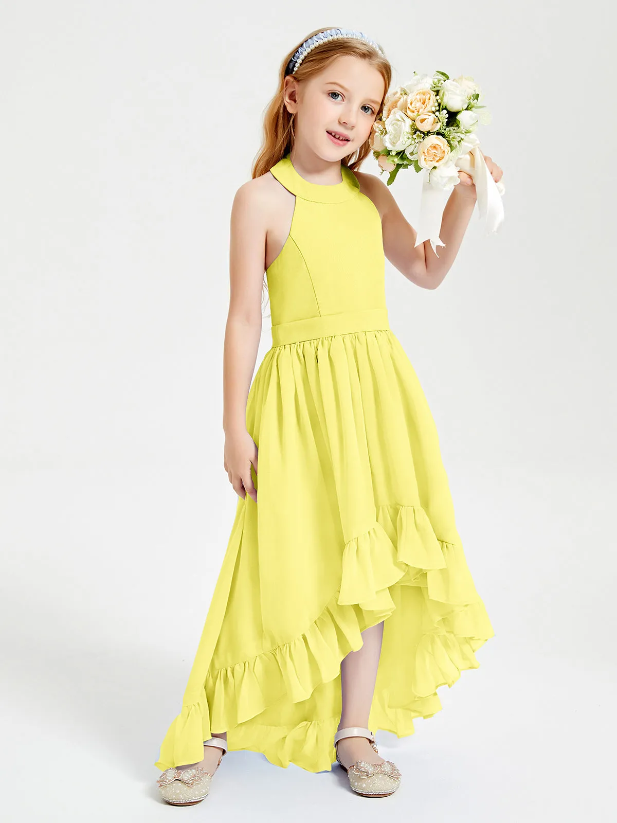 Boho Junior Bridesmaid Dresses Asymmetrical Cascading Skirt Lemon