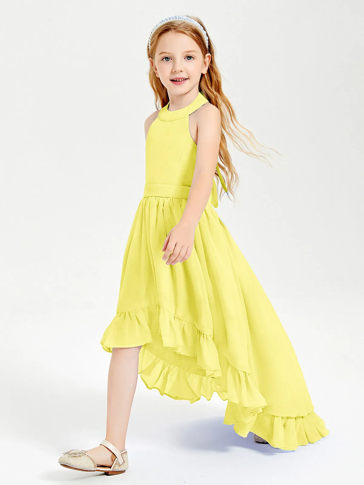 Boho Junior Bridesmaid Dresses Asymmetrical Cascading Skirt Lemon