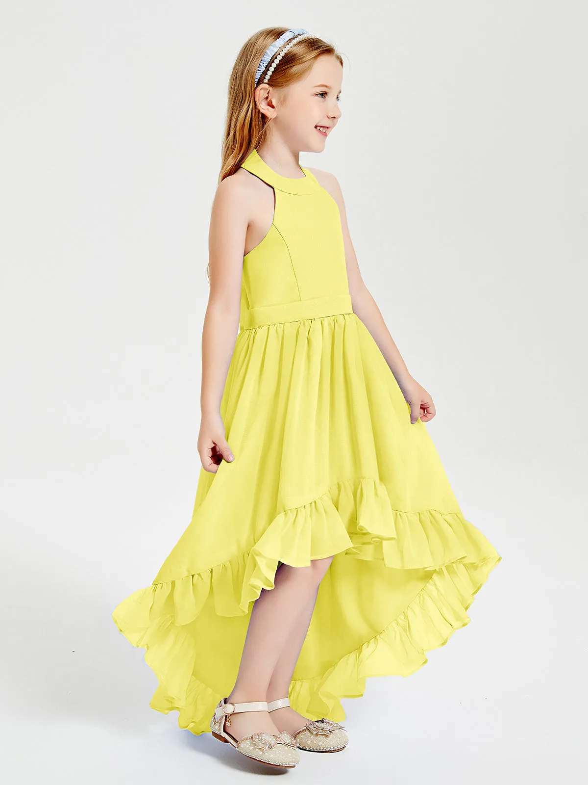 Boho Junior Bridesmaid Dresses Asymmetrical Cascading Skirt Lemon