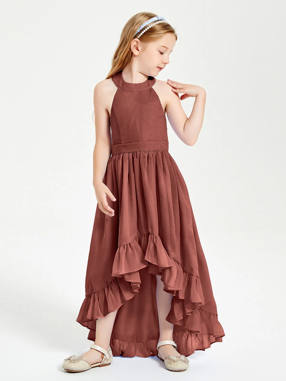 Boho Junior Bridesmaid Dresses Asymmetrical Cascading Skirt Terracotta