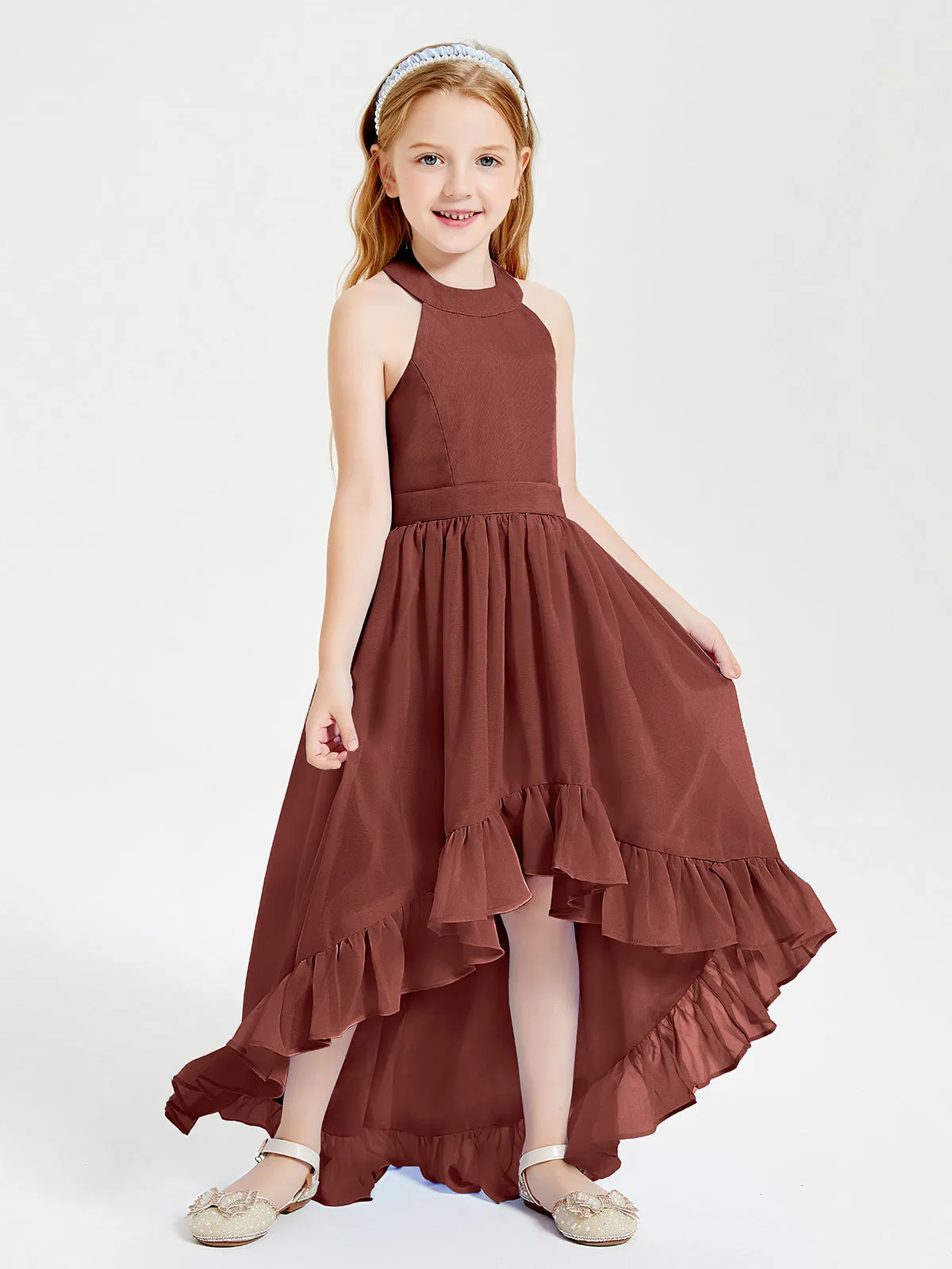 Boho Junior Bridesmaid Dresses Asymmetrical Cascading Skirt Terracotta