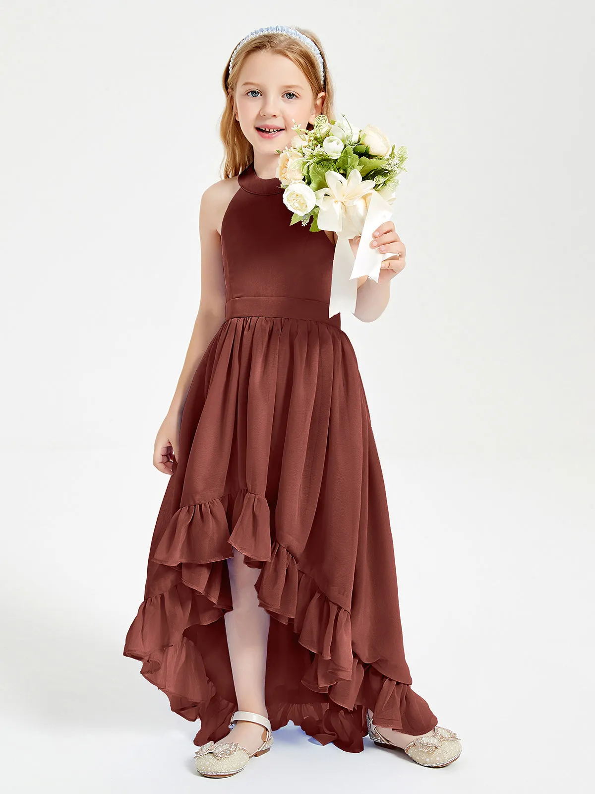 Boho Junior Bridesmaid Dresses Asymmetrical Cascading Skirt Terracotta