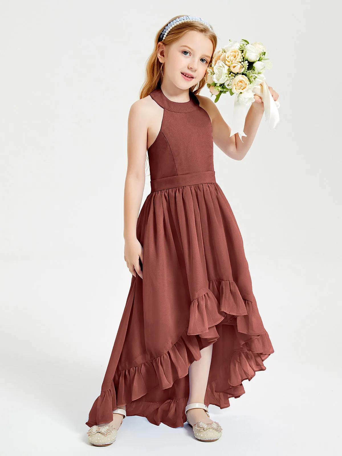 Boho Junior Bridesmaid Dresses Asymmetrical Cascading Skirt Terracotta