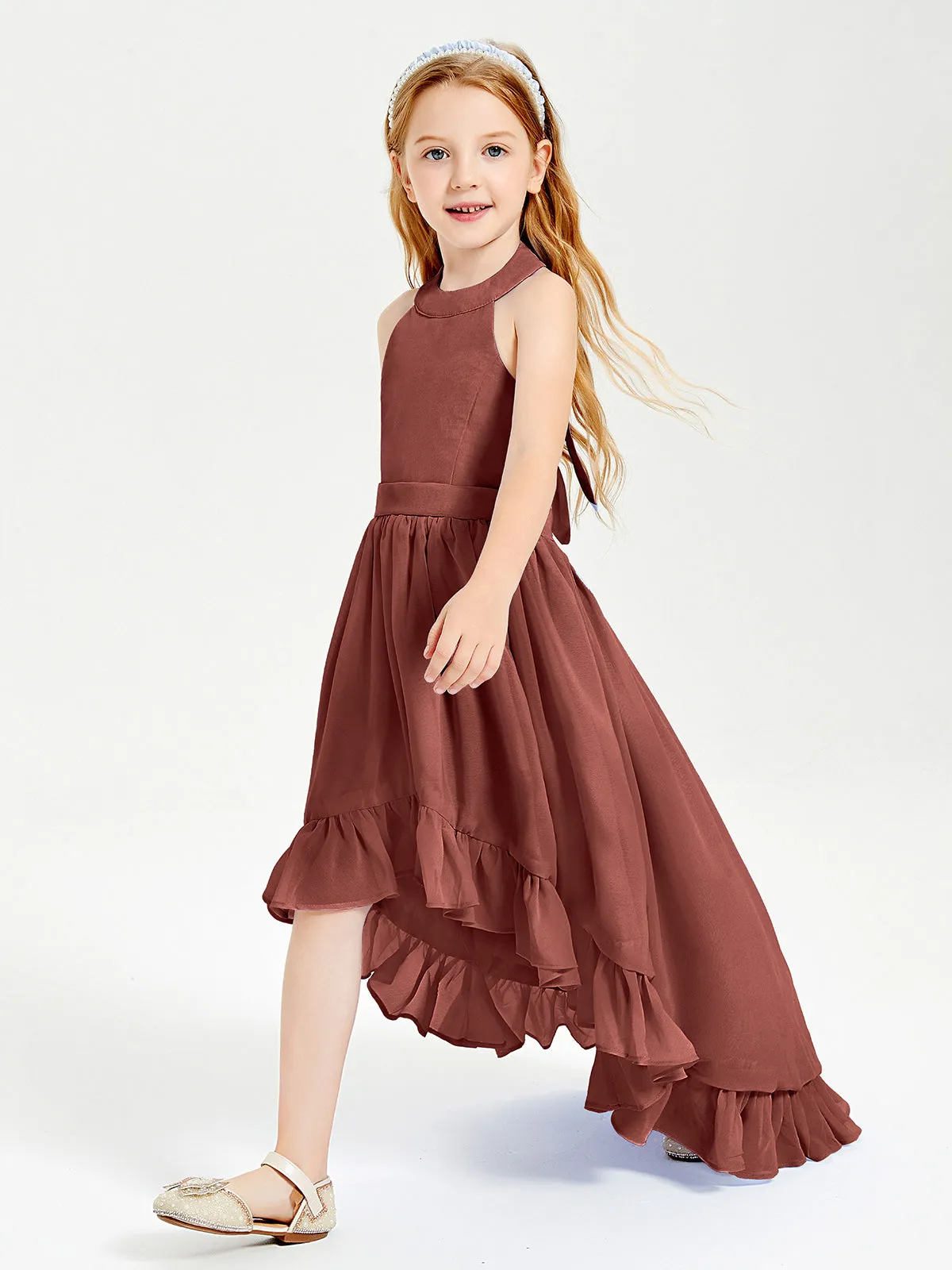 Boho Junior Bridesmaid Dresses Asymmetrical Cascading Skirt Terracotta