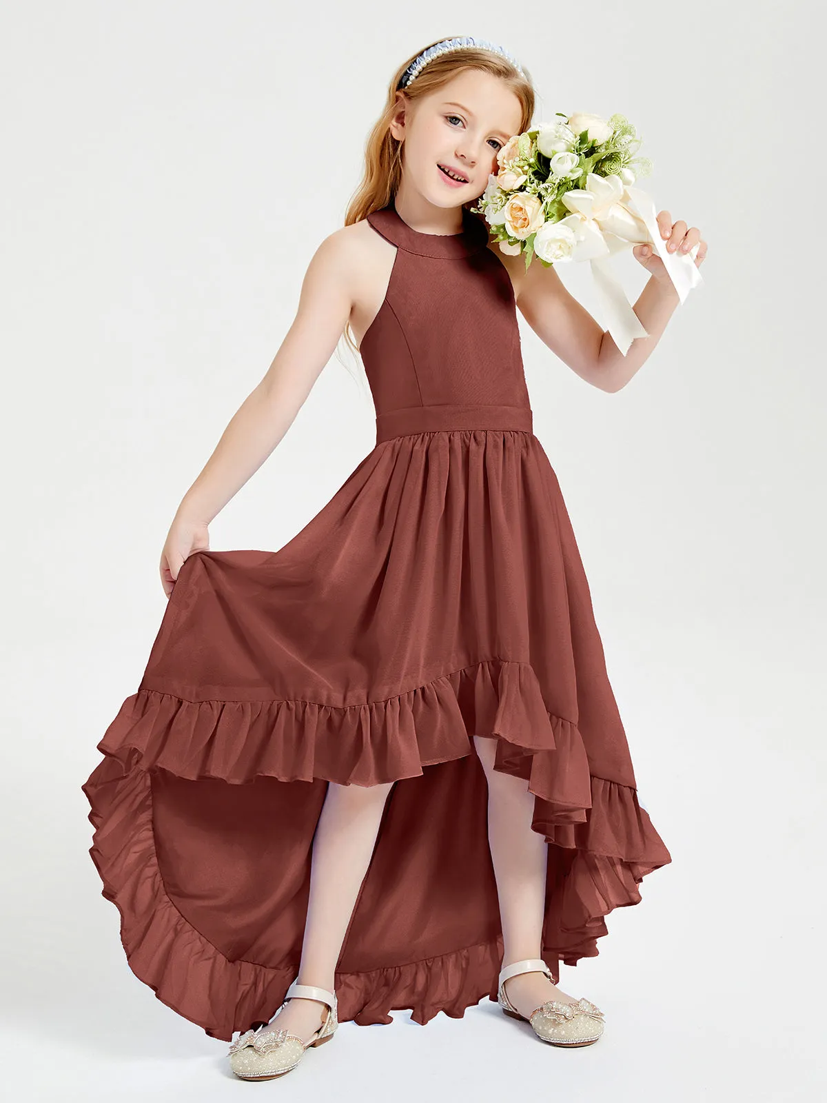 Boho Junior Bridesmaid Dresses Asymmetrical Cascading Skirt Terracotta