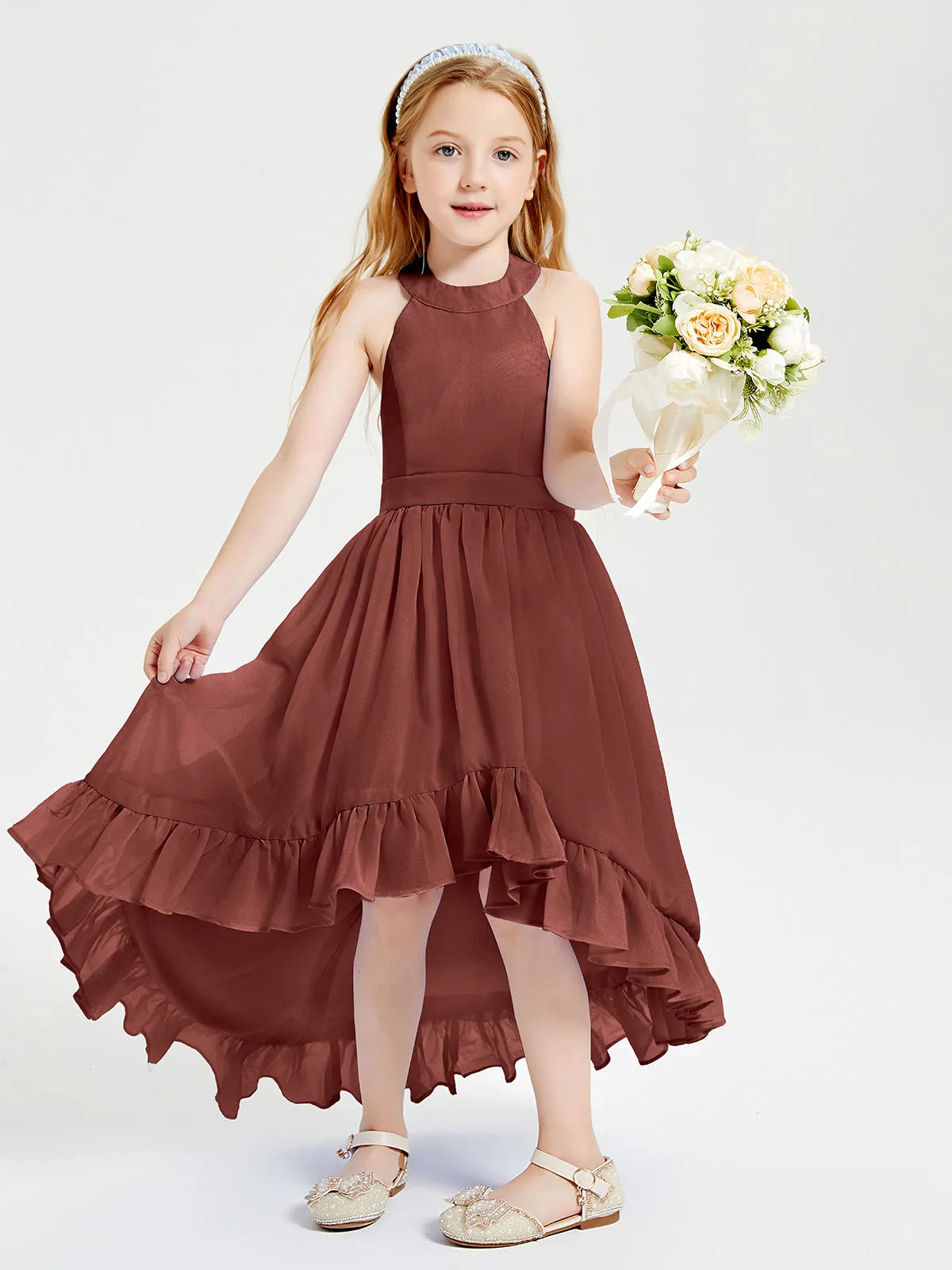 Boho Junior Bridesmaid Dresses Asymmetrical Cascading Skirt Terracotta