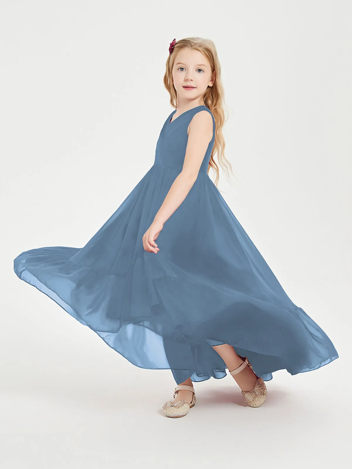 Boho Junior Bridesmaid Dresses Cascading Skirt Slate Blue