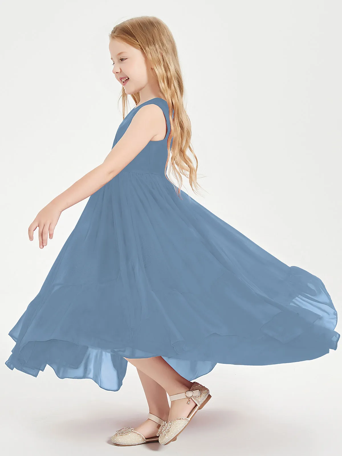 Boho Junior Bridesmaid Dresses Cascading Skirt Slate Blue