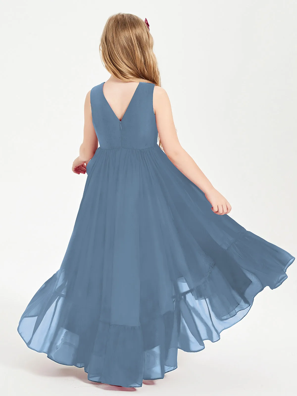 Boho Junior Bridesmaid Dresses Cascading Skirt Slate Blue