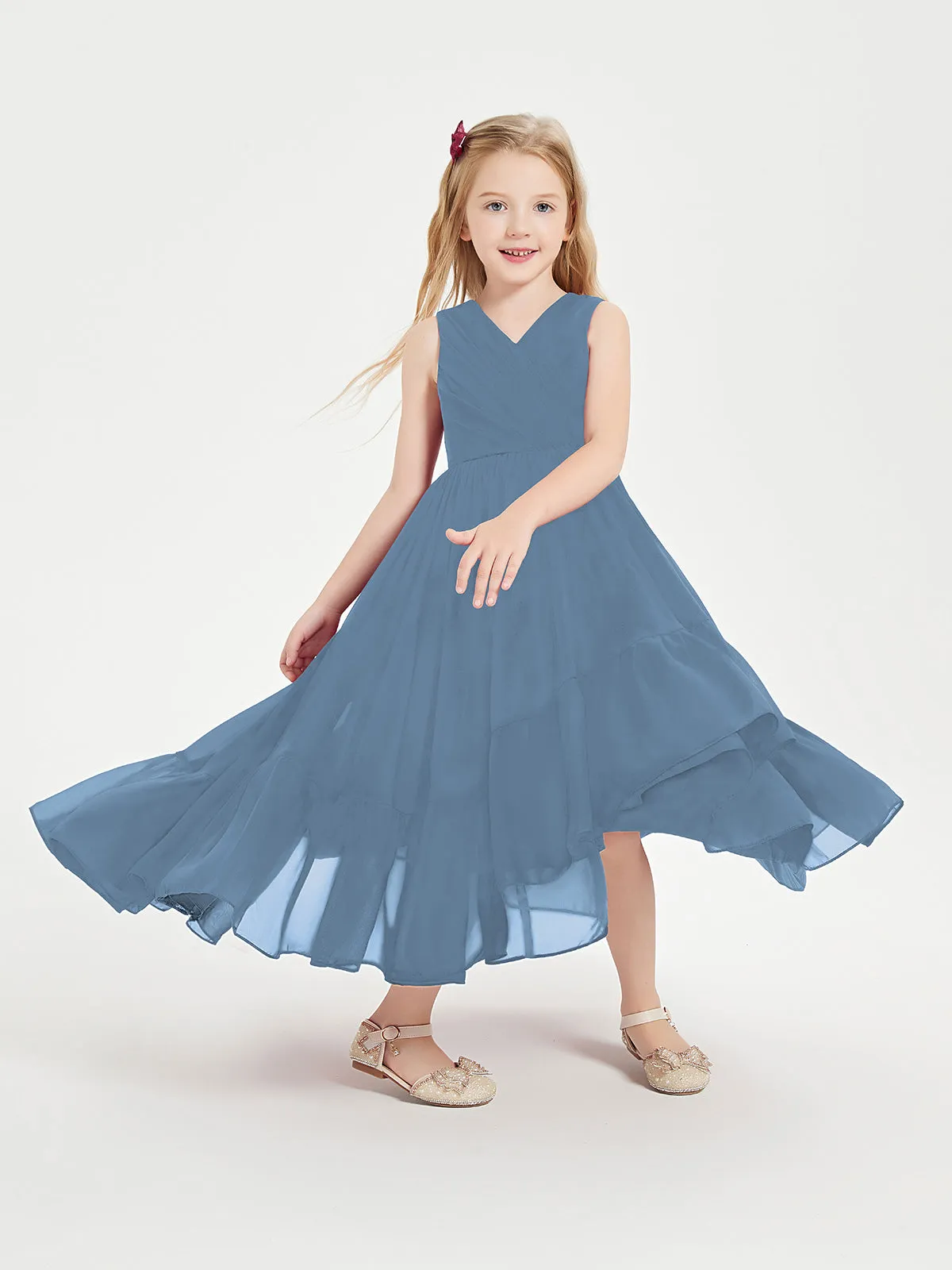 Boho Junior Bridesmaid Dresses Cascading Skirt Slate Blue