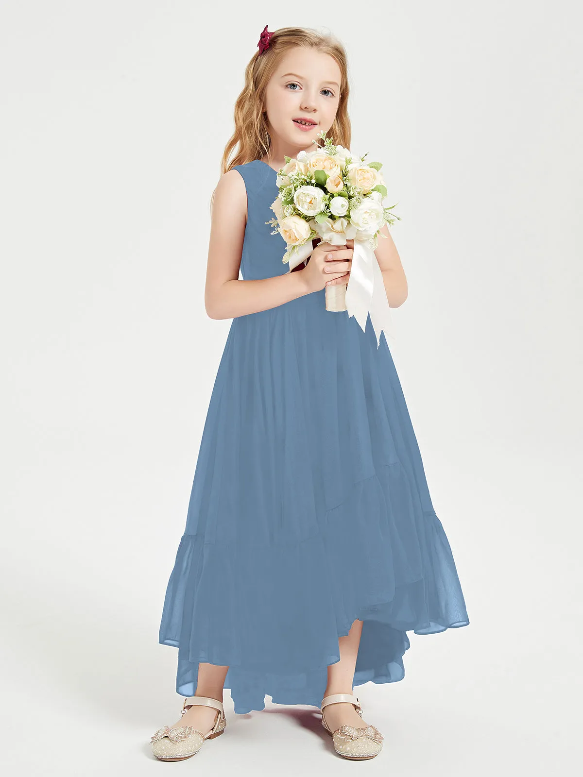 Boho Junior Bridesmaid Dresses Cascading Skirt Slate Blue