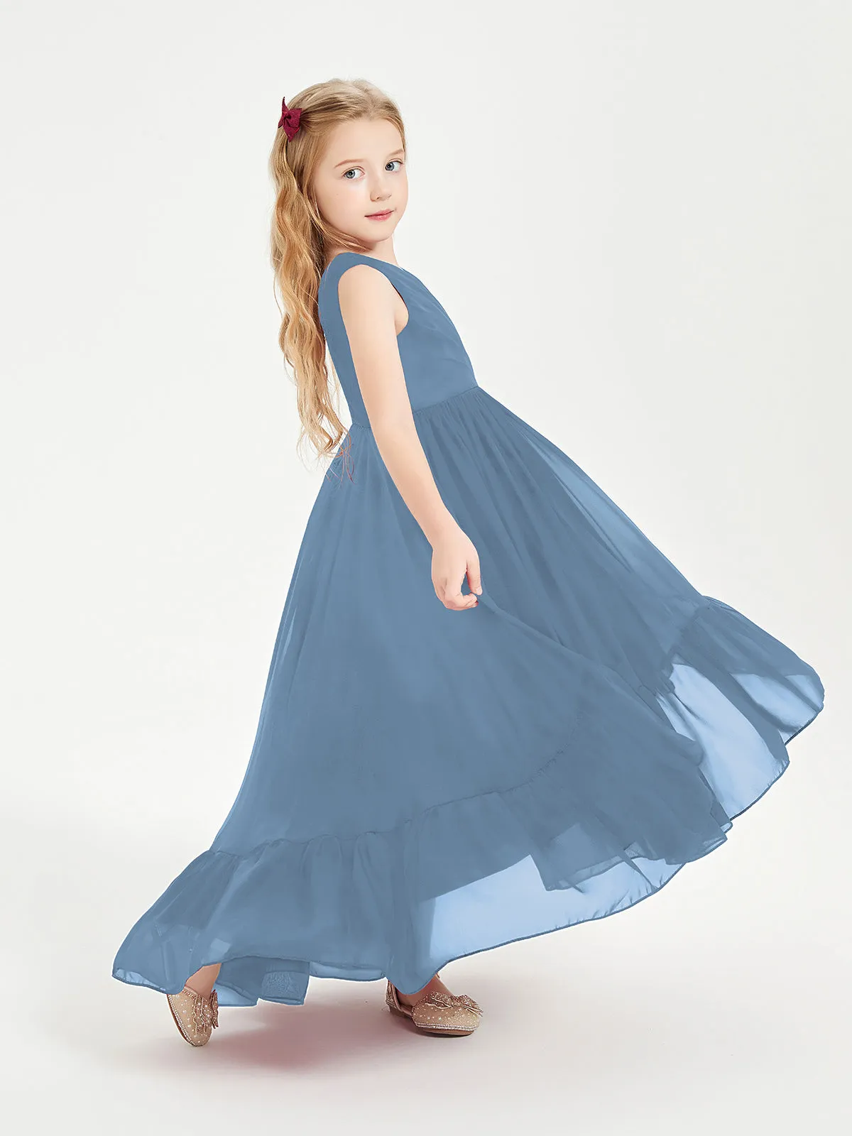 Boho Junior Bridesmaid Dresses Cascading Skirt Slate Blue