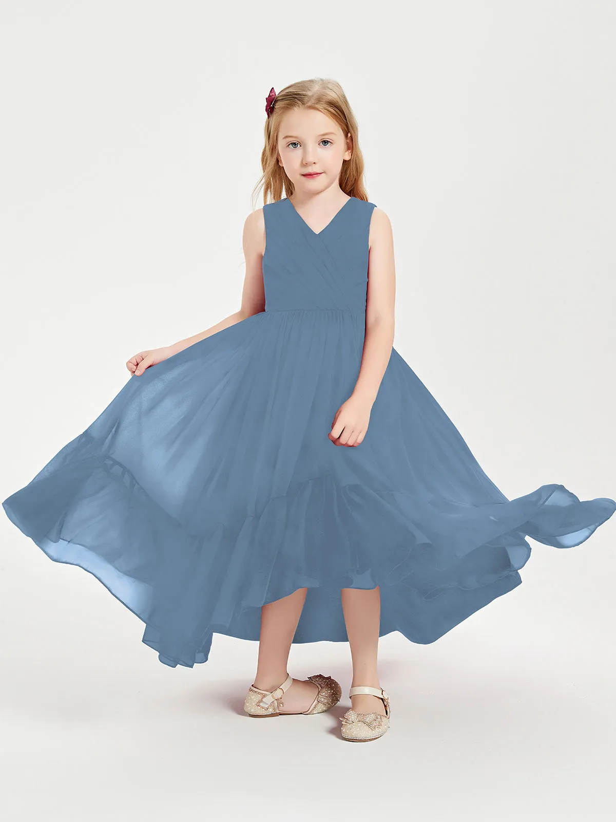 Boho Junior Bridesmaid Dresses Cascading Skirt Slate Blue