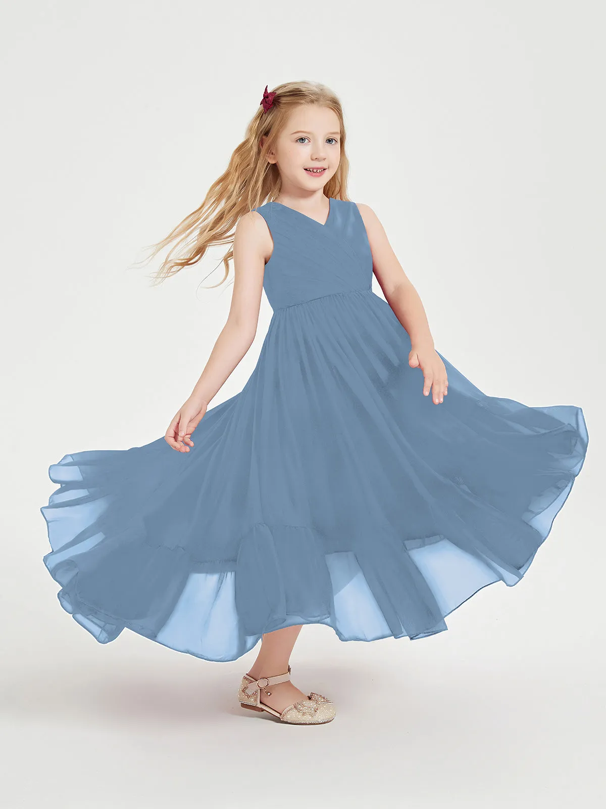 Boho Junior Bridesmaid Dresses Cascading Skirt Slate Blue