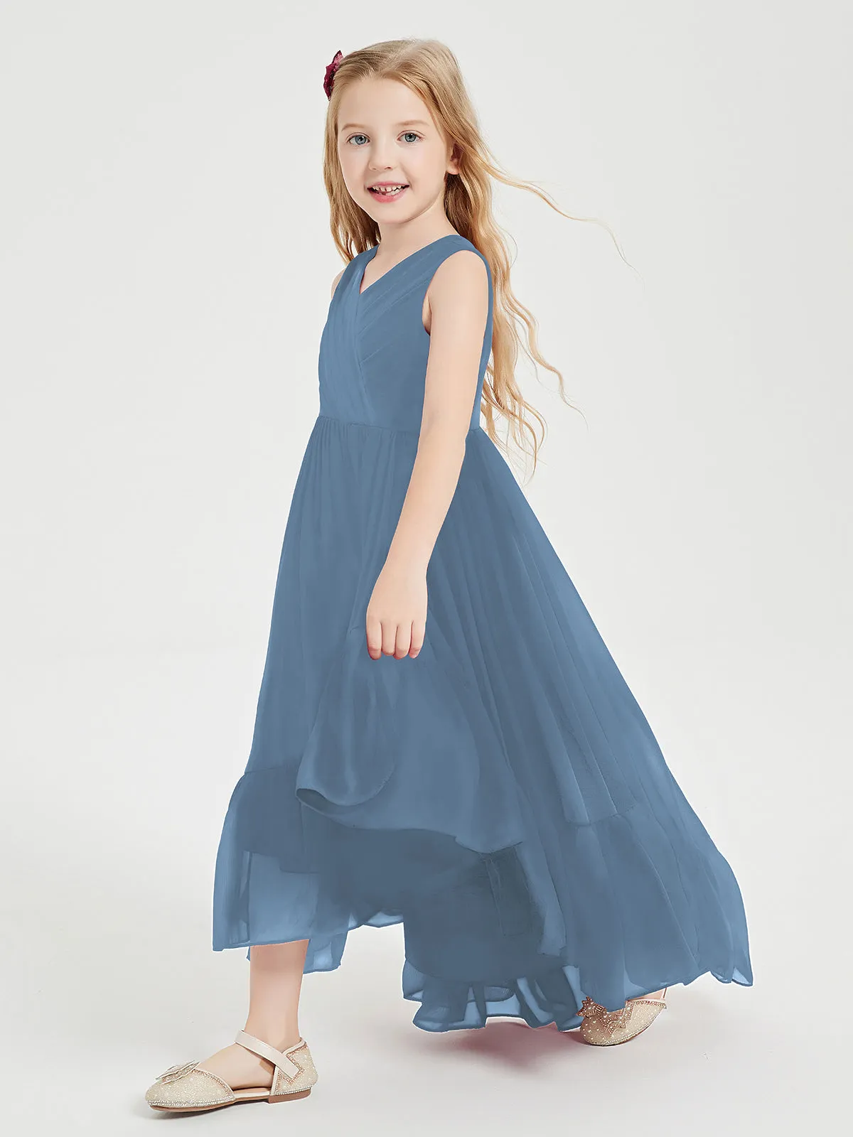 Boho Junior Bridesmaid Dresses Cascading Skirt Slate Blue