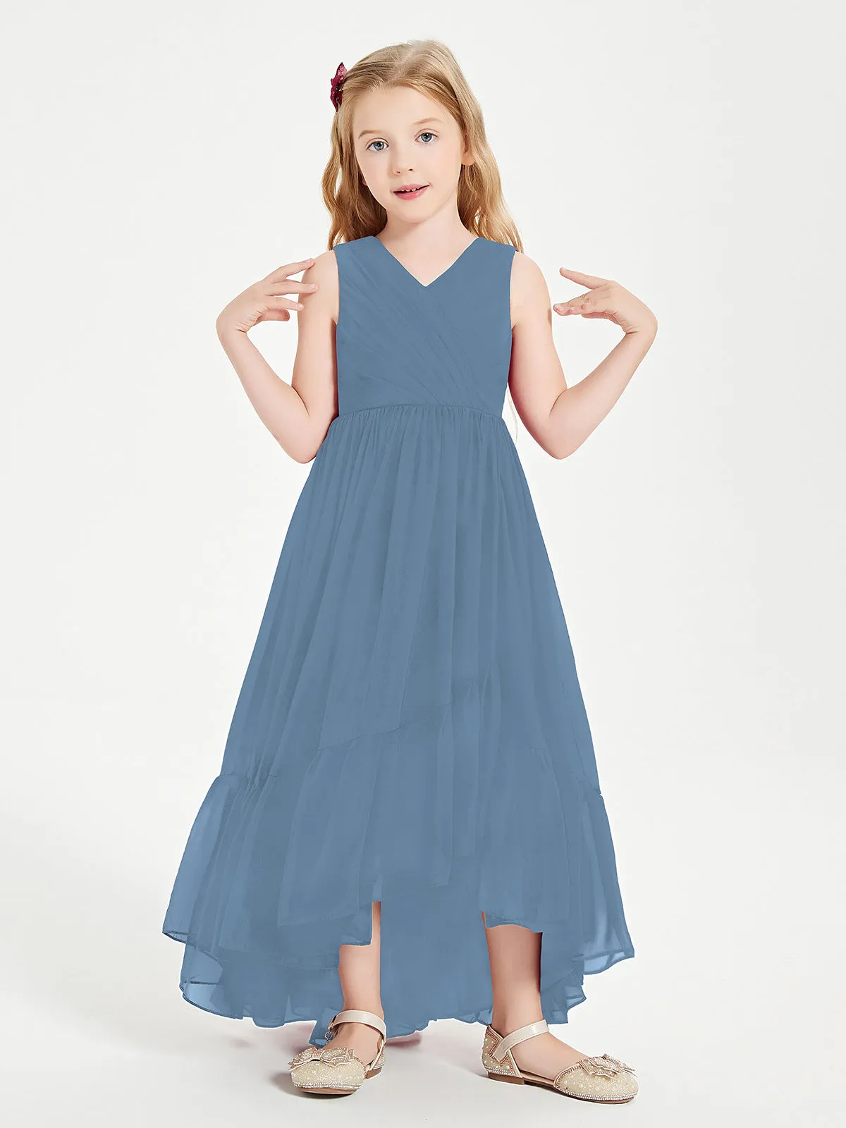 Boho Junior Bridesmaid Dresses Cascading Skirt Slate Blue