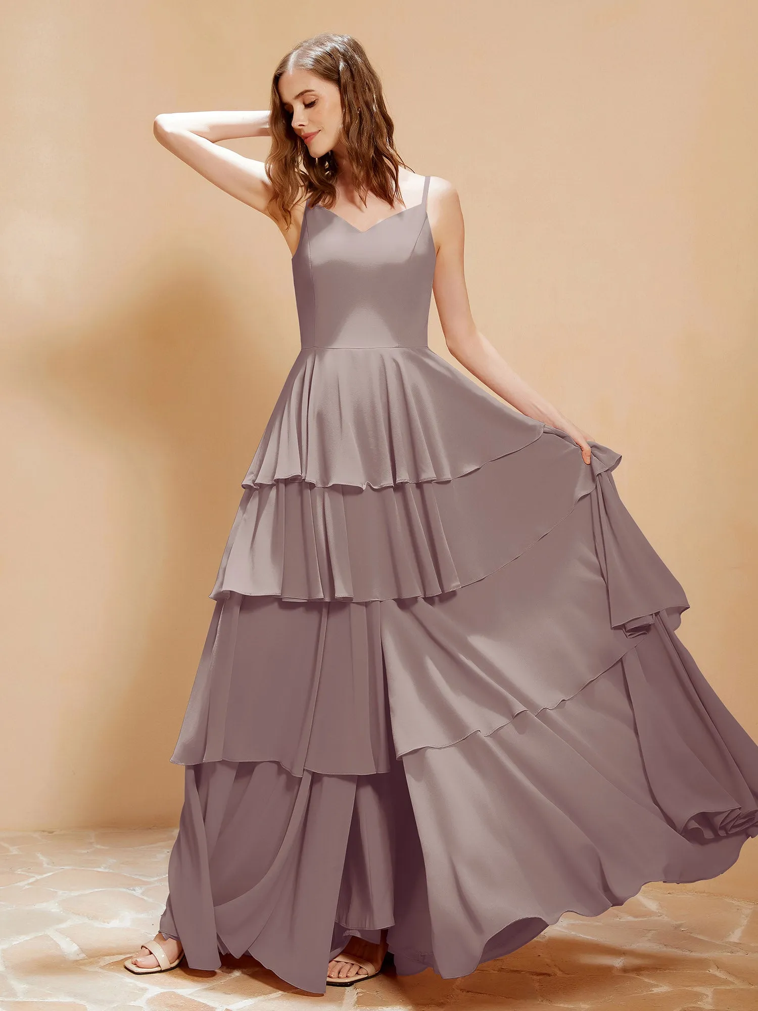 Boho V-neck Floor-length Dress Flowy Ruffles Dusk