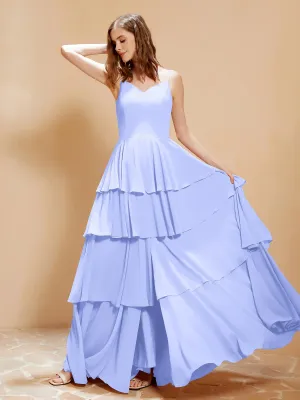 Boho V-neck Floor-length Dress Flowy Ruffles Lavender