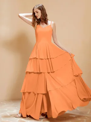 Boho V-neck Floor-length Dress Flowy Ruffles Orange Plus Size