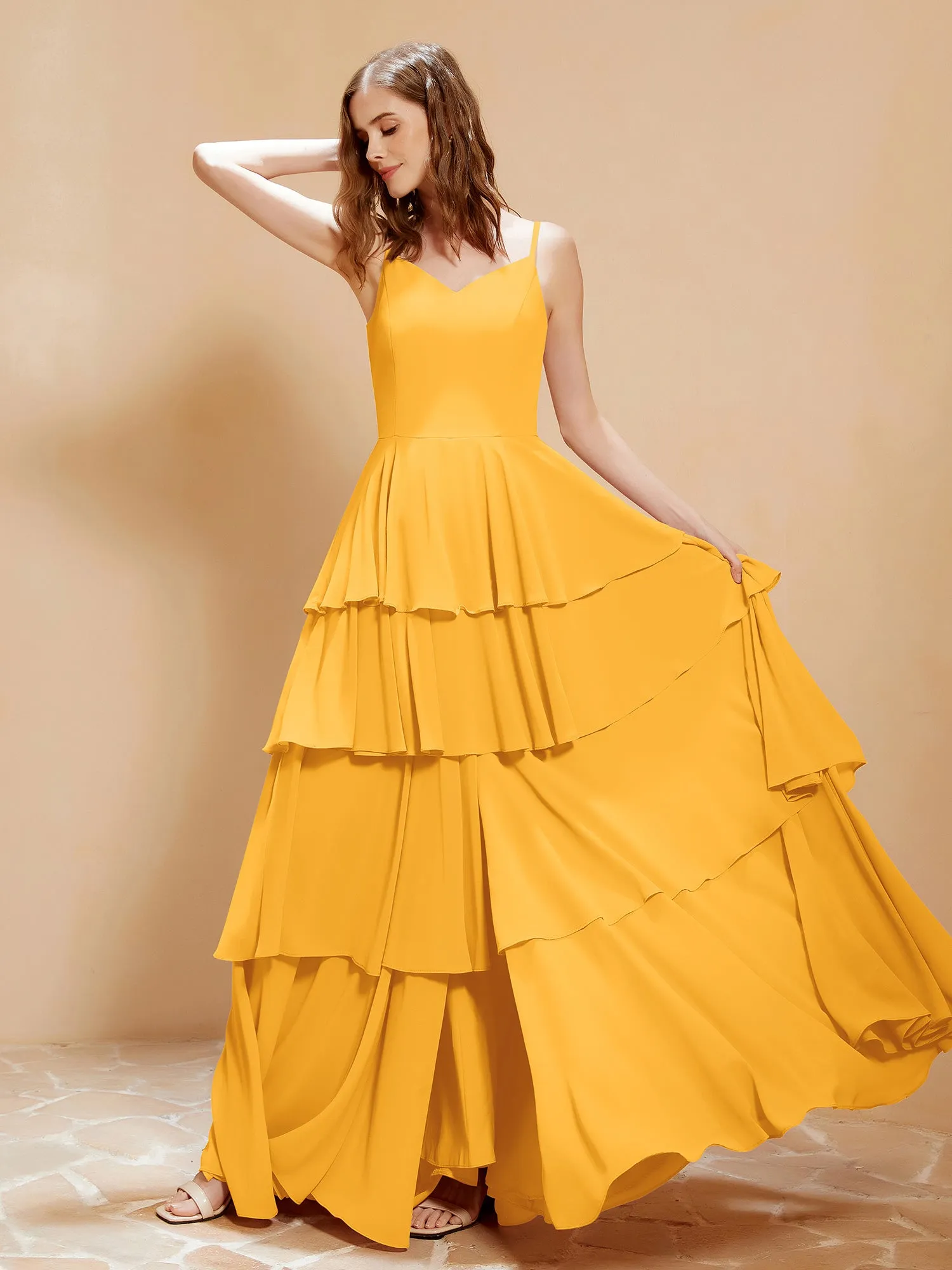 Boho V-neck Floor-length Dress Flowy Ruffles Tangerine Plus Size